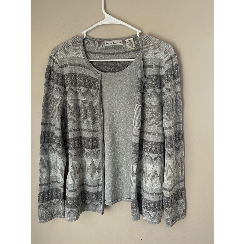 Alfred Dunner Petite PXL Gray Metallic Cardigan &‎ Tank Grandmacore Glamgoth